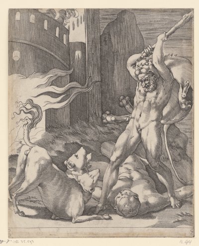 Hercules slåss mot Cerberus Scener med Hercules (serietitel) av Giovanni Jacopo Caraglio