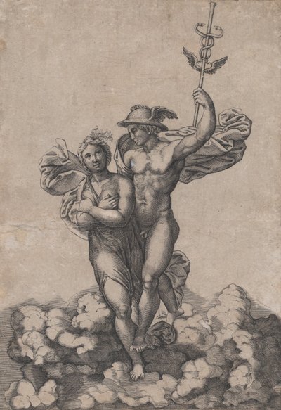 Merkurius bär Psyche till Olympen, efter Rafaels komposition i Villa Farnes..., ca. 1520-39. av Giovanni Jacopo Caraglio