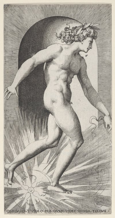 Plåt 11: Apollo åker sin vagn i en nisch, vänd åt höger, från en serie mythologica..., 1526. av Giovanni Jacopo Caraglio