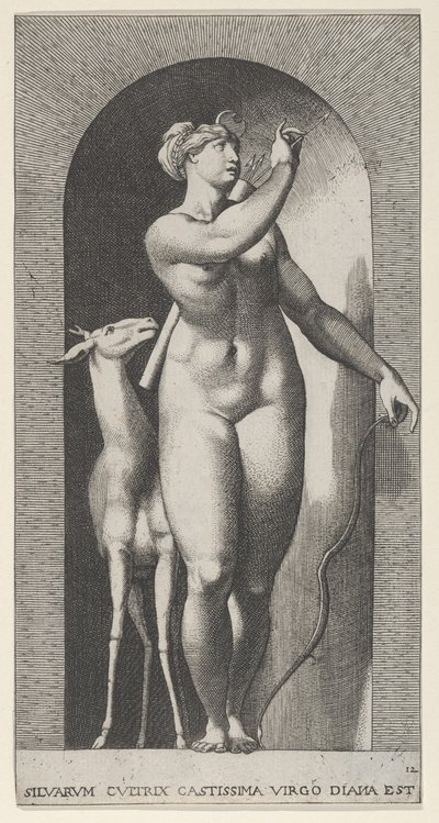 Plåt 12: Diana står i en nisch, vrider sig till vänster och drar en pil ur en qu..., 1526. av Giovanni Jacopo Caraglio