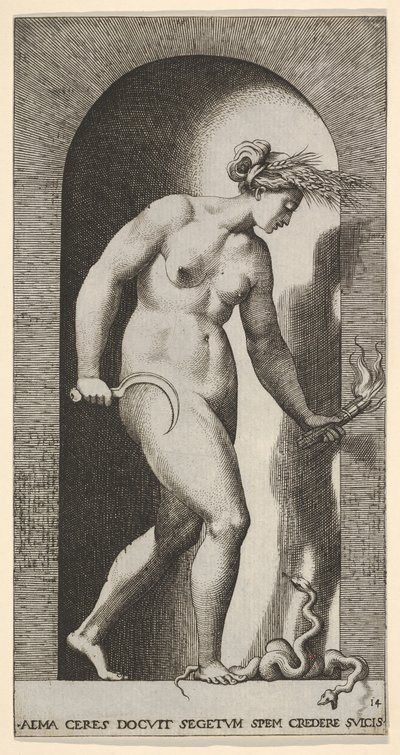 Plåt 14: Ceres i en nisch, vänd åt höger, stående över en tvåhövdad orm och håller en h..., 1526. av Giovanni Jacopo Caraglio