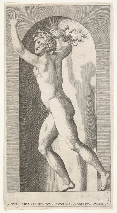 Plåt 16: Hebe i en nisch med händerna i luften, springande åt vänster medan hon tittar mot ..., 1526. av Giovanni Jacopo Caraglio