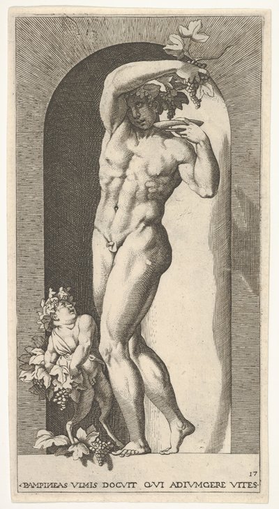 Tallrik 17: Bacchus står i en nisch och håller druvor över en tallrik, åtföljd av en infa..., 1526. av Giovanni Jacopo Caraglio