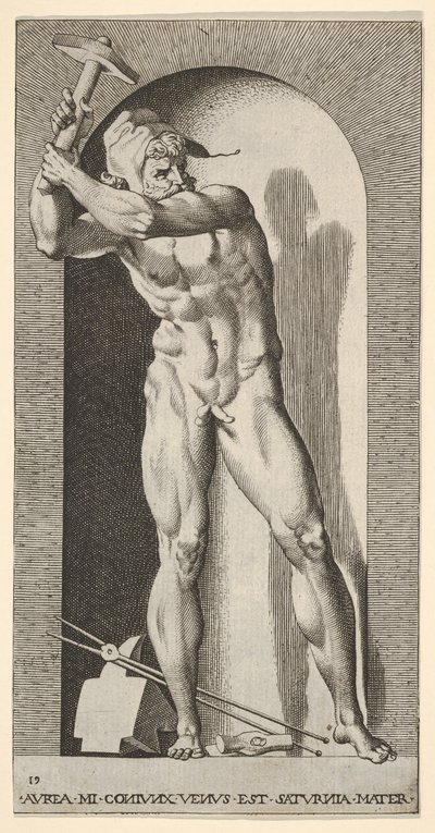 Plåt 19: Vulcan står i en nisch och svingar en hammare, med ett städ, hammare och tång a..., 1526. av Giovanni Jacopo Caraglio