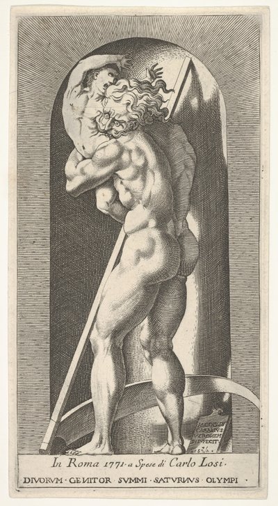 Plåt 1: Saturnus i en nisch som slukar sin son, stående framför en lie, från en serie m..., 1526. av Giovanni Jacopo Caraglio