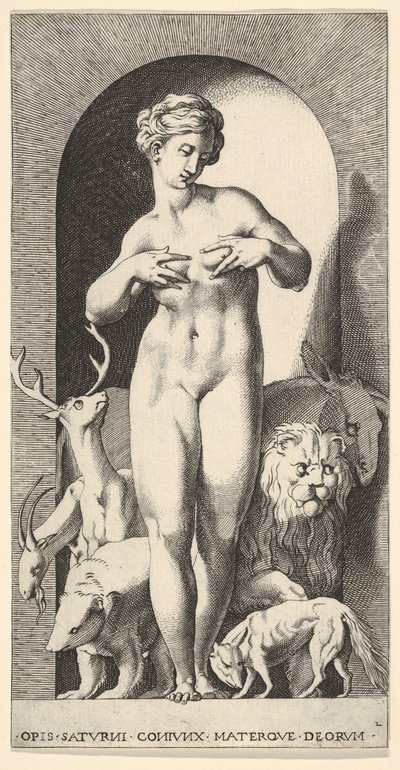 Plåt 2: Ops som står i en nisch med händerna vid sina bröst, tittar till vänster om henne, med ..., 1526. av Giovanni Jacopo Caraglio