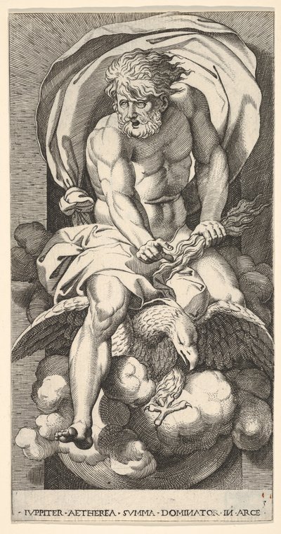 Plåt 3: Jupiter dyker upp ur en nisch, rider på en örn och håller en åskbult i sin l..., 1526. av Giovanni Jacopo Caraglio