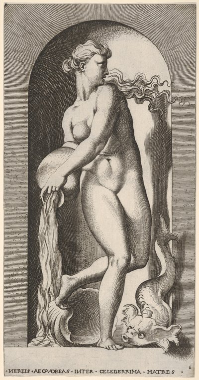 Plåt 6: Thetis står i en nisch med ett skal och en havsdjur och häller vatten ur en ..., 1526. av Giovanni Jacopo Caraglio
