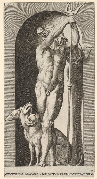 Plåt 7: Pluto i en nisch, med en bident, med Cerberus bredvid sig, från en serie m..., 1526. av Giovanni Jacopo Caraglio