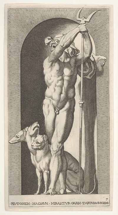 Plåt 7: Pluto i en nisch, med en bident, med Cerberus bredvid sig, från en serie m..., 1526. av Giovanni Jacopo Caraglio
