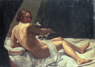 Ung man liggande på en säng med en katt, 1620 av Giovanni Lanfranco