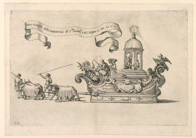 En paradflotta i Reggio, Italien: "The Triumphal Carriage of the Confraternity of the Holy Sacrament of St. Stephen". Platta 2a från A. Isacchi, "Relation av Alfonso Isachi kring or av Giovanni Luigi Valesio