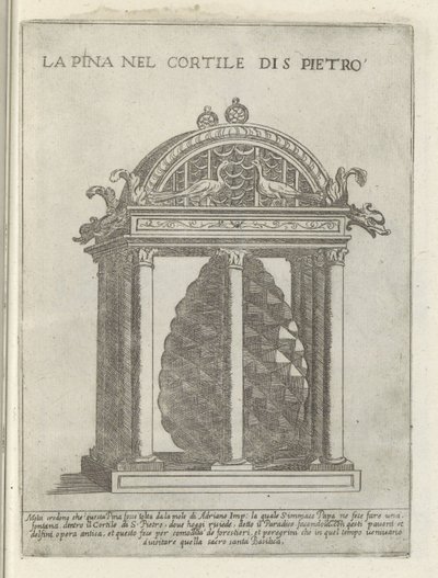 De Pigna te Vatikanstaten La Pina på St. Peters innergård (titel på objektet) Moderna och antika monument och byggnadsverk i Rom (serietitel) Ornament av antika och moderna byggnader i Alma City of Rome (serietitel) av Giovanni Maggi