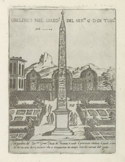 Egyptisk obelisk i trädgården till Villa Medici i Rom Obelisco nel giard.o del ser.mo G. D. Di Tosc.a (titel på objekt) Moderna och antika monument och byggnader i Rom (serietitel) Ornamenti di fabriche antichi et moderni dell