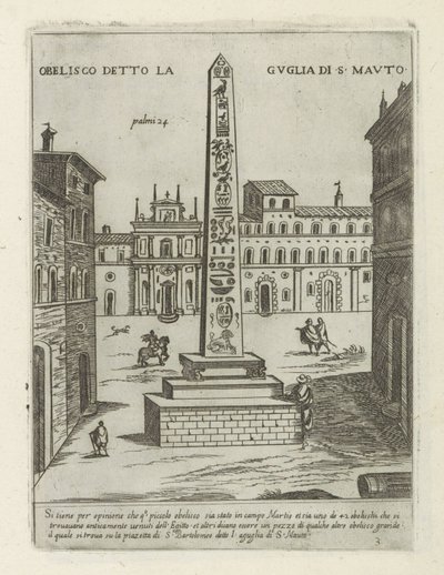 Obelisk i Rom Obelisk känd som Spire of S. Mauto (titel på objekt) Moderna och antika monumenten och byggnadsverk i Rom (serietitel) Utsmyckningar av antika och moderna byggnader i Alma-staden Rom (serietitel) av Giovanni Maggi