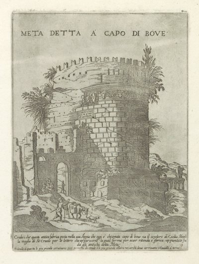 Tombe van Caecilia Metella te Rom Meta som kallas a capo di bove (titel på objekt) Moderna och antika monument och byggnadsverk i Rom (serietitel) Ornament av antika och moderna byggnader i Alma City of Rome (serietitel) av Giovanni Maggi