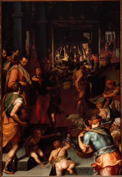 Glastillverkningsverkstäder. (Målning av Giovanni Maria Butteri