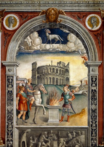 Zodiakens tecken: "" The belier""" Medaljonger med porträtt av Jules Cesar och Augustus. Nedan, legende associerad med födelsen av stjärnbilden som motsvarar tecknet: Caius Mucius Scaevola, införd i fiendens läger etruskiska ki av Giovanni Maria Falconetto