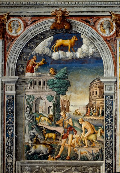 Zodiakens tecken: "" Tjuren""" Medaljonger med porträtt av Tibere och Caligula. Nedan, legende i samband med födelsen av konstellationen som motsvarar tecknet: guden Pan spelar flöjt. Till vänster lägger en get ner en liten. B av Giovanni Maria Falconetto