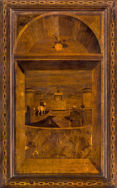 Lignaean Canonical Choir, inlagd av Giovanni Maria Platina 1484, Superior Stallo, utsikt över Sforzesco-slottet i Milano av Giovanni Maria Platina