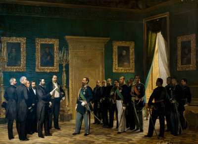 Victor Emmanuel II tar emot toskanska representanter med dekretet om annektering till kungariket. Italien av Giovanni Mochi