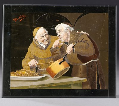 Plåt som föreställer två munkar som testar mat inom en svart kant, Florens, tidigt 1900-tal (pietra dura) av Giovanni Montelatici