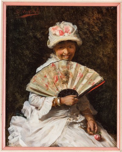 Dam med fläkt (olja på duk) av Giovanni Muzzioli