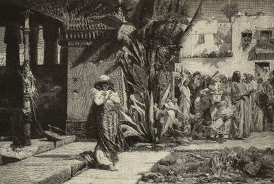 Magdalena, kvinna med turban och procession i by i Mellanöstern, gravyr av bröderna Cantagalli efter målning av Giovanni Muzzioli (1854-1894), Modena, Italien från L