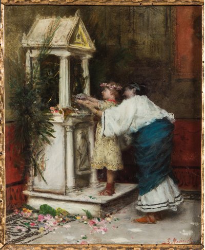 Mor och dotter framför ett litet tempel (olja på duk) av Giovanni Muzzioli