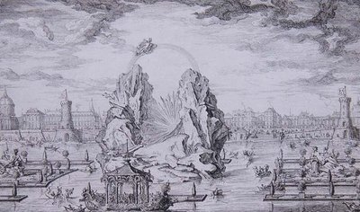 Fyrverkerier för att fira Dauphins födelse (son till Ludvig XV) graverade av Jean Dumont (Le Romain) (1701-81) 1730 (etsning) av Giovanni Niccolo (after) Servandoni