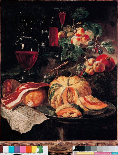Stilleben Pumpa, bacon, skinka, persikor och vin. Målning av Giovan Paolo Castelli dit Lo Spadino (1659-1730) 1703 Rom, Museum of the Conservatori capitolini av Giovanni Paolo Castelli