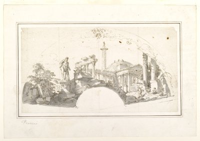 Design for a Fan: Capriccio med romerska ruiner och Farnese Hercules av Giovanni Paolo Panini
