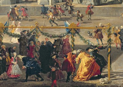 Förberedelser inför fyrverkeriet som hölls på Piazza Navona, Rom, för att fira Dauphins födelse, 1729 (detalj av 91023) av Giovanni Paolo Pannini