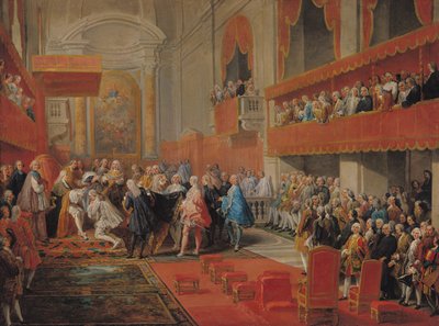 Presentation av den helige Andes orden till prins Vaini av Paul-Hippolyte de Beauvillers (1684-1776) hertig av Saint-Aignan 1732, ca 1752 av Giovanni Paolo Pannini
