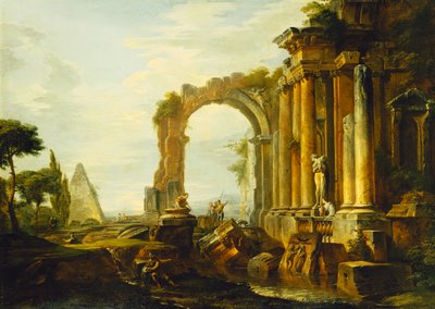 En Capriccio av klassiska ruiner med Cestius-pyramiden och figurer i ett landskap, av Giovanni Paolo Pannini