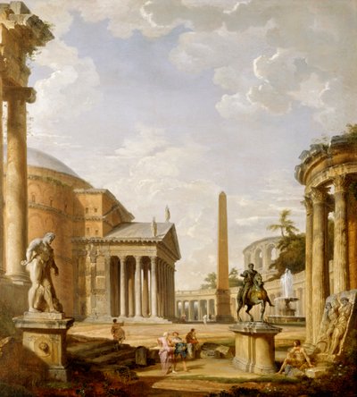 Capriccio av romerska ruiner med Pantheon (olja på duk) av Giovanni Paolo Pannini