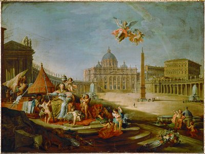 Petersplatsen med allegorin om påvedömets triumf ... av Giovanni Paolo Pannini or Panini