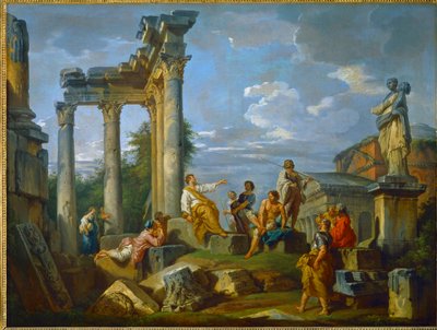 Rovdjur mitt i ruinerna i Rom berikad med figurer, med Pantheon och statyn av Flora ... (målning på duk) av Giovanni Paolo Pannini or Panini