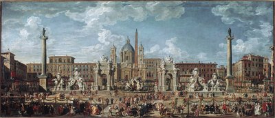 Förberedelser för fyrverkerierna och dekorationerna av festen som ges i Rom för att fira delfinen Louis de Frances födelse (olja på duk av Giovanni Paolo Pannini