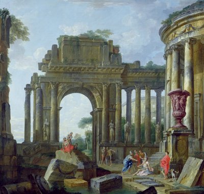 Romerska ruiner med de blinda Belisarius (olja på duk) av Giovanni Paolo Pannini