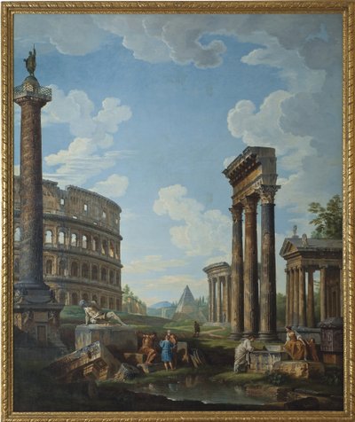 En Capriccio med figurer i romerska ruiner, inklusive Konstantins båge och Pantheon, Colosseum och Trajanus kolonn (Trajanus kolonn eller Colonna Traiana) - Målning av Giovanni Paolo Panini (Pannini) (1691-1765), olja på duk, 210.8 x1 av Giovanni Paolo Pannini