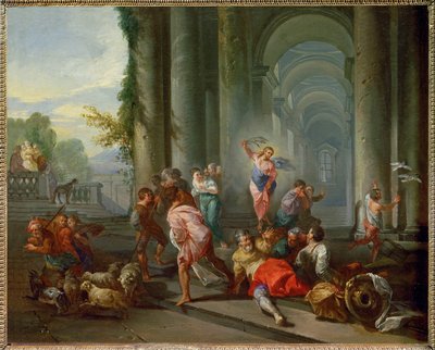köpmännen drivs ut ur templet (målning på duk) av Giovanni Paolo Pannini or Panini