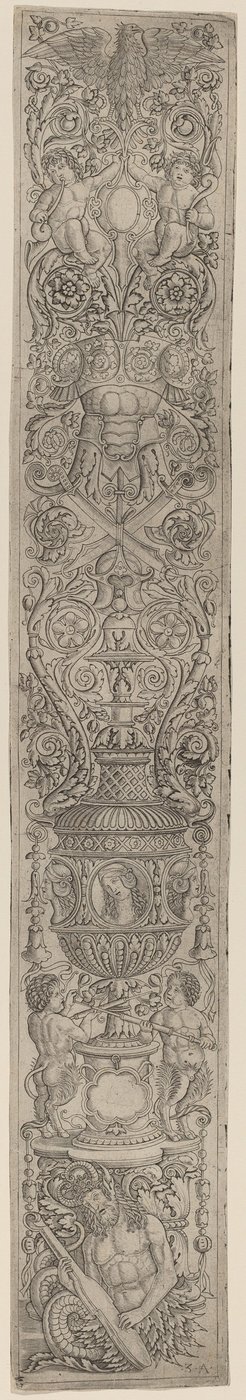 Ornamentpanel: Triton och Two Infant Satyrs av Giovanni Pietro Birago and Zoan Andrea