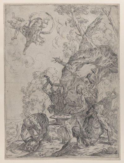 Vulkansmedjan med smeder som slår ett städ med hammare..., 1640-59. av Giovanni Pietro Possenti