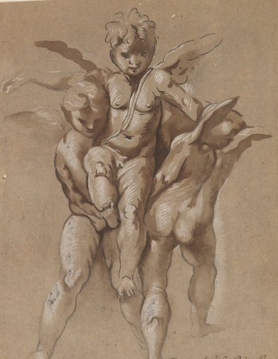 Två Putti som bär en tredje Putti (recto); En ungdom med en personal (verso) av Giovanni Pietro Possenti