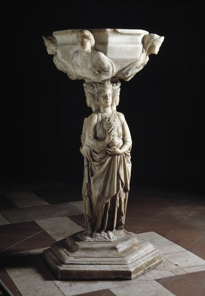 Stoup med en pelare dekorerad med de tre teologiska dygderna och en bassäng dekorerad med byster av de fyra kardinaldygderna, 1200-talet (skulptur) av Giovanni Pisano