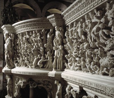 Detalj av stolen realiserad av Giovanni Pisano (1248-1314): Kristusdomaren mellan de utvalda och de fördömda (Detalj av relieferna på marmorpredikstolen, Kristus mellan utvalda och fördömda själar) 1302-1311 Cathedrale of Pisa (Duomo di Pisa), Italien av Giovanni Pisano