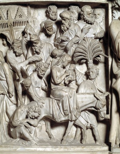 Detalj av relieferna av stolen realiserade av Giovanni Pisano (1248-1314): Detalj av relieferna från marmorpredikstolen, flygning in i Egypten 1302-1311 Cathedrale de Pisa (Duomo di Pisa), Italien av Giovanni Pisano