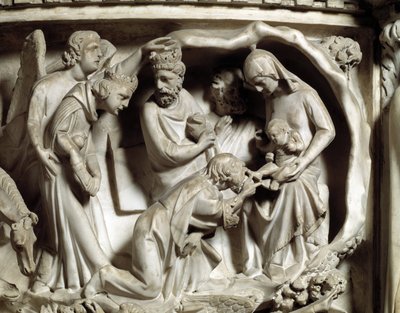 Detalj av relieferna av stolen realiserade av Giovanni Pisano (1248-1314): Detalj av relieferna av marmorpredikstolen, tillbedjan av magi 1302-1311 Cathedrale of Pisa (Duomo di Pisa), Italien av Giovanni Pisano
