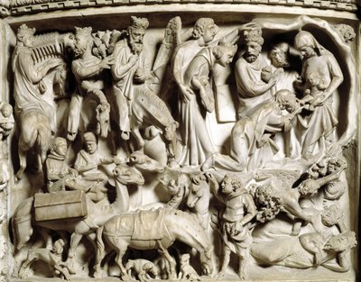Detalj av relieferna av stolen realiserade av Giovanni Pisano (1248-1314): resan och tillbedjan av magi (Detalj av relieferna på marmorpredikstolen, resan och tillbedjan av magi) 1302-1311 Cathedrale of Pisa (Duomo di Pisa), Italien av Giovanni Pisano